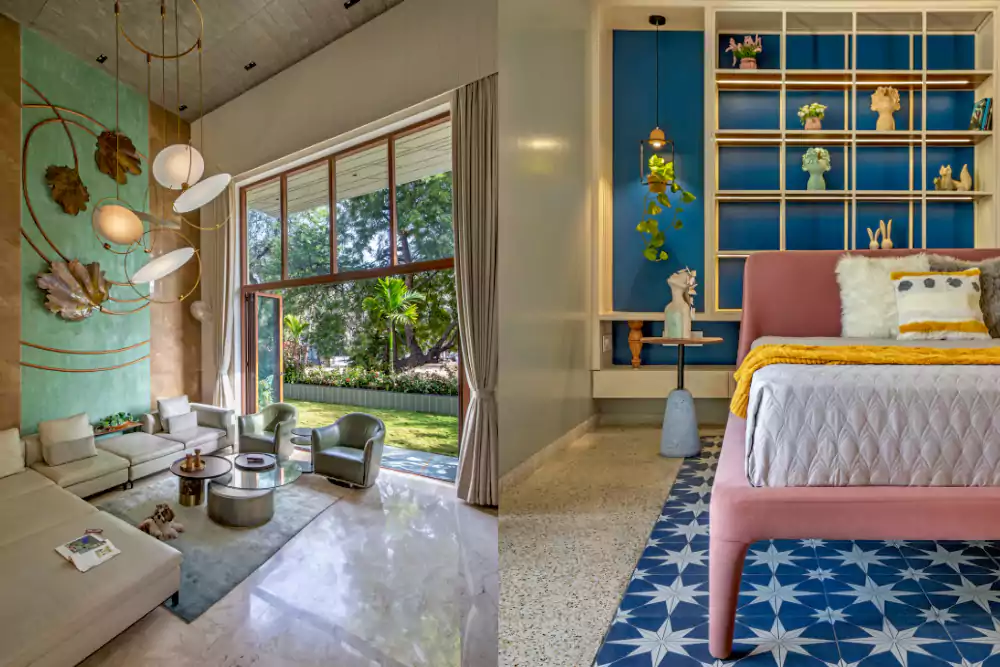 Contemporary interiors with stone name plate, Jacuzzi bathroom design, and imported furniture.