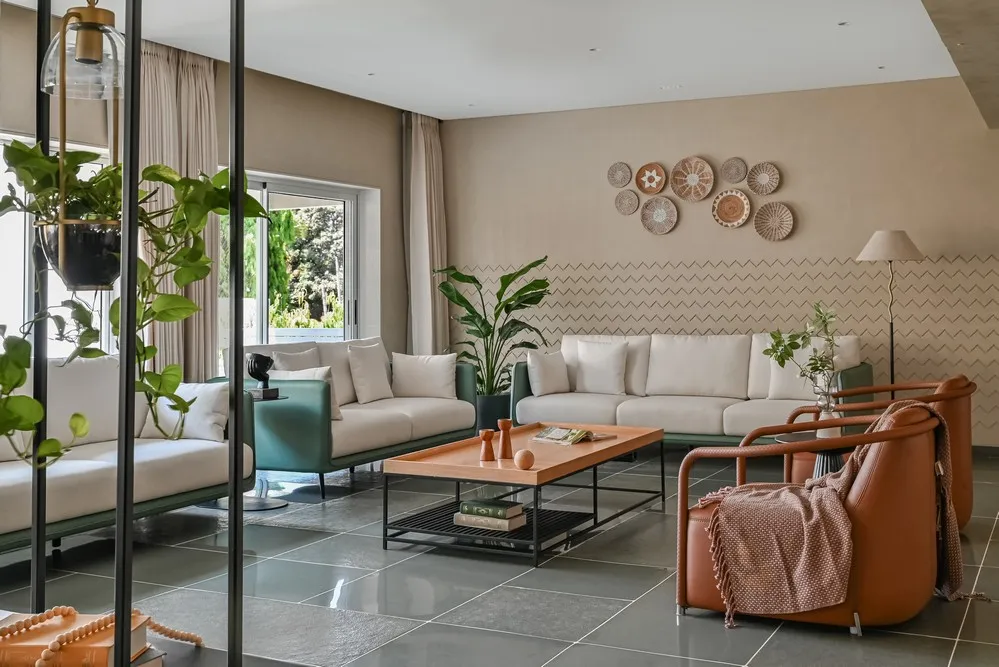 Contemporary interiors with MS screen design, wooden ceiling,

and bi-fold doors.