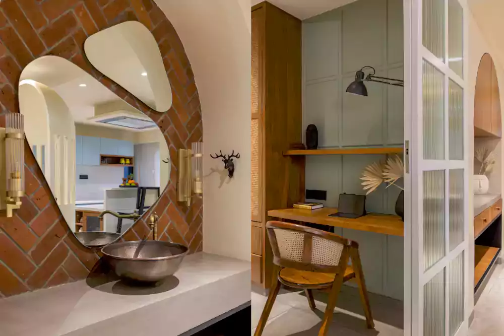 Poster bed design with terrazzo water body, metal staircase, and wall panel design.