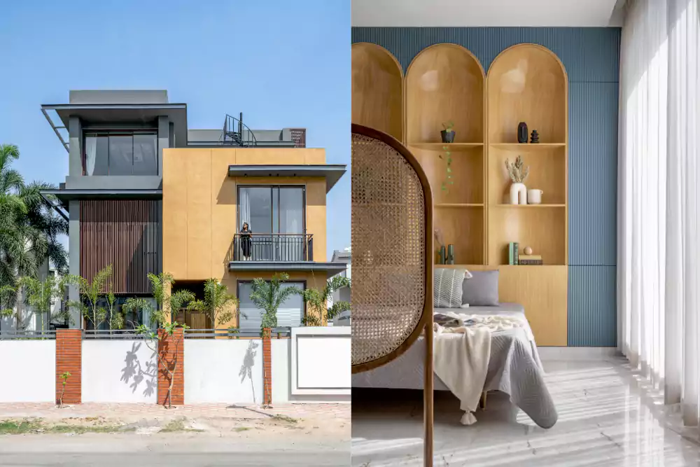 Motorised screen with modern sleek cabinets, unique bed back

design, and wooden door design.