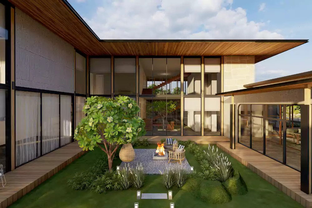 Modern farmhouse design with courtyard and RCC wall

finishes.