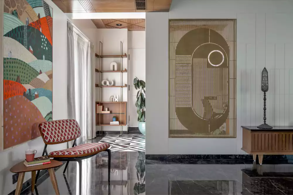 Contemporary interiors with MS screen design, wooden ceiling,

and bi-fold doors.