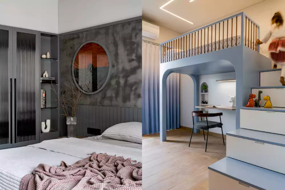 Show flat interior with compact space design and modern minimal aesthetics.