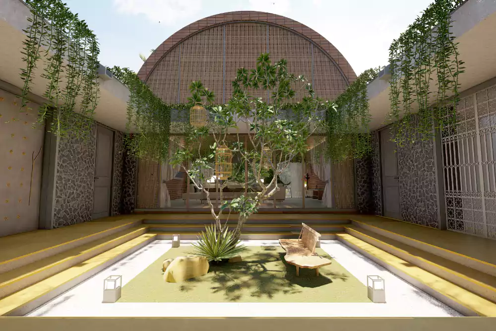 Brick vault weekend villa with earthy raw architecture and landscape design.