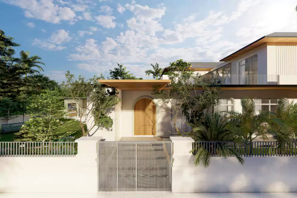 Modern residence with outhouse, open terrace design, and custom-shaped windows.